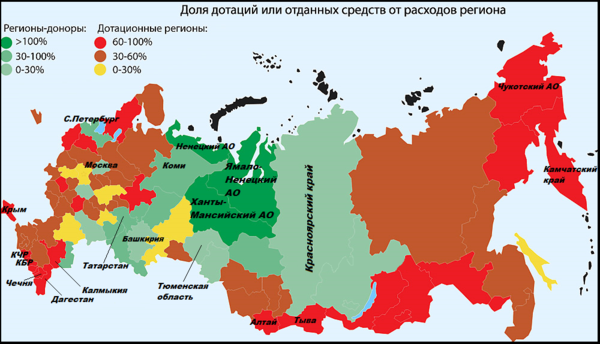 Дотационные регионы и регионы доноры (изображение взято из открытых источников)