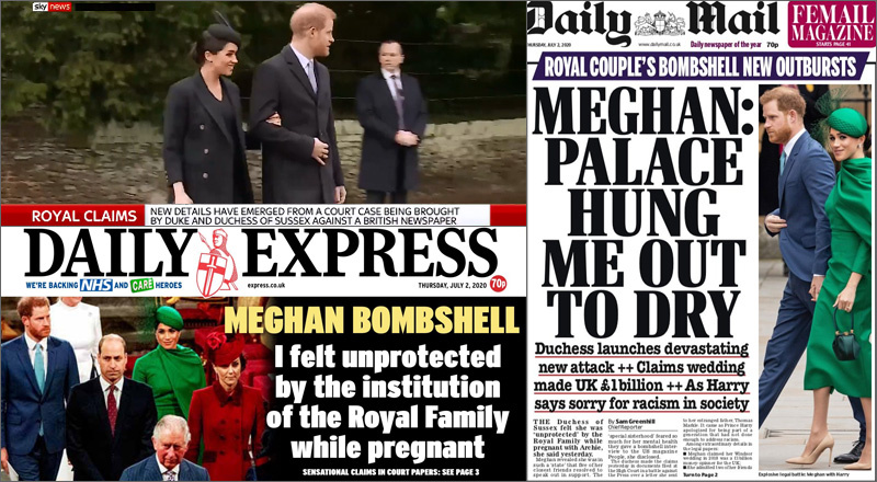 Коллаж: кадр из новостного сюжета Рианнон Миллс, посвященного открывшимся подробностям судебного дела «Меган против таблоидов», на Sky News; фрагмент первой полосы Daily Express от 2 июля 2020 г.; первая полоса Daily Mail от 2 июля 2020 г.