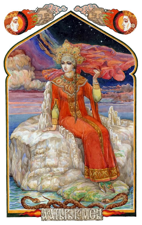 Я  не смогла найти изображение этих богов. А эта картина называется "Заря - Зариница и камень Алатырь".