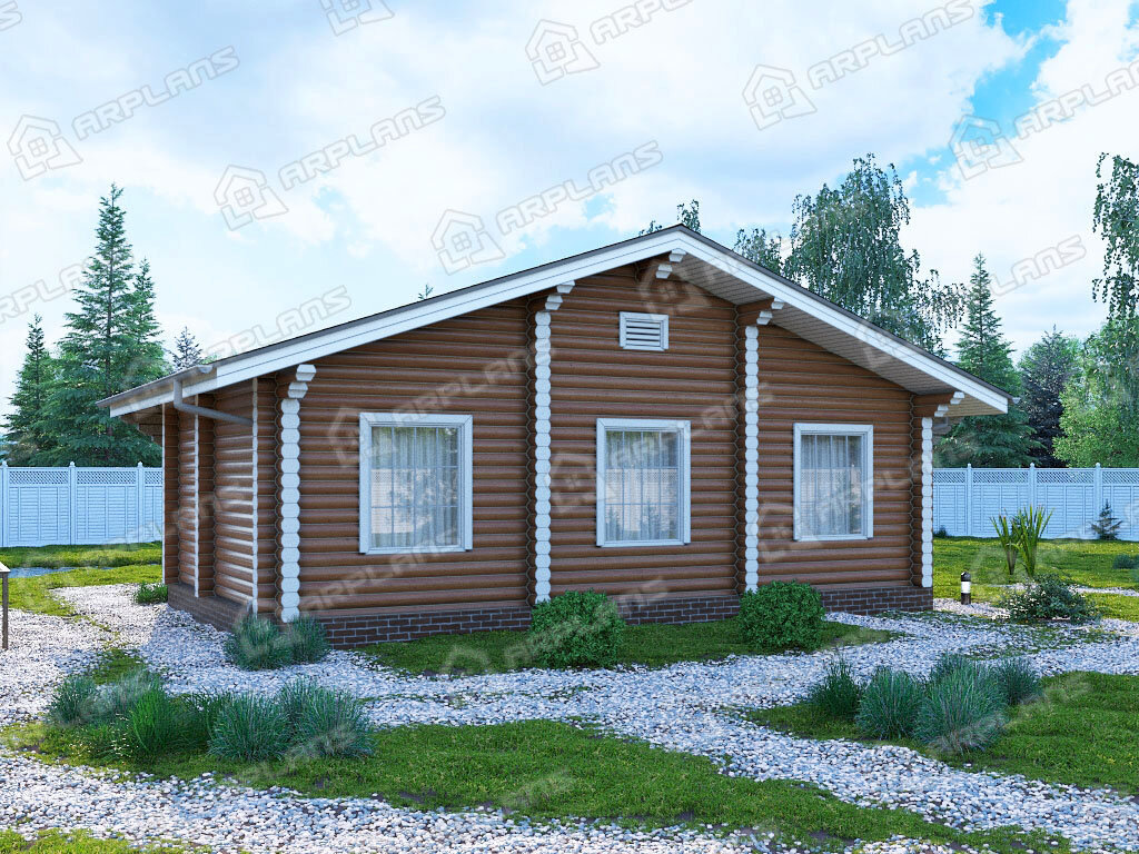 Фото 2 одноэтажного деревянного дома из бревна с 1 спальней и террасой. 40 кв м. Источник arplans.ru Проект ДО-155