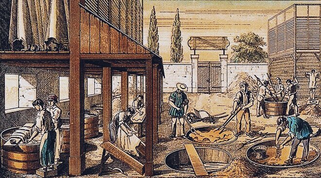 Дубильня. Цветная литография. Франция 19 век