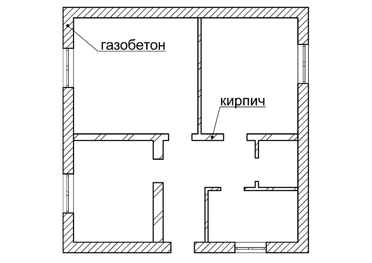 Наружные стены из газобетона. Внутренние стены и перегородки из кирпича, что повышает теплоемкость дома. Для средней несущей стены требуется повышенная прочность, так как на нее с двух сторон опираются плиты или балки перекрытия. Возможна также облицовка наружных стен кирпичом снаружи.