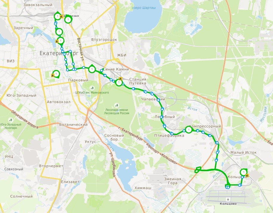 Автобусный маршрут №1: 25+ остановок, протяженность 25+ км в одну сторону
