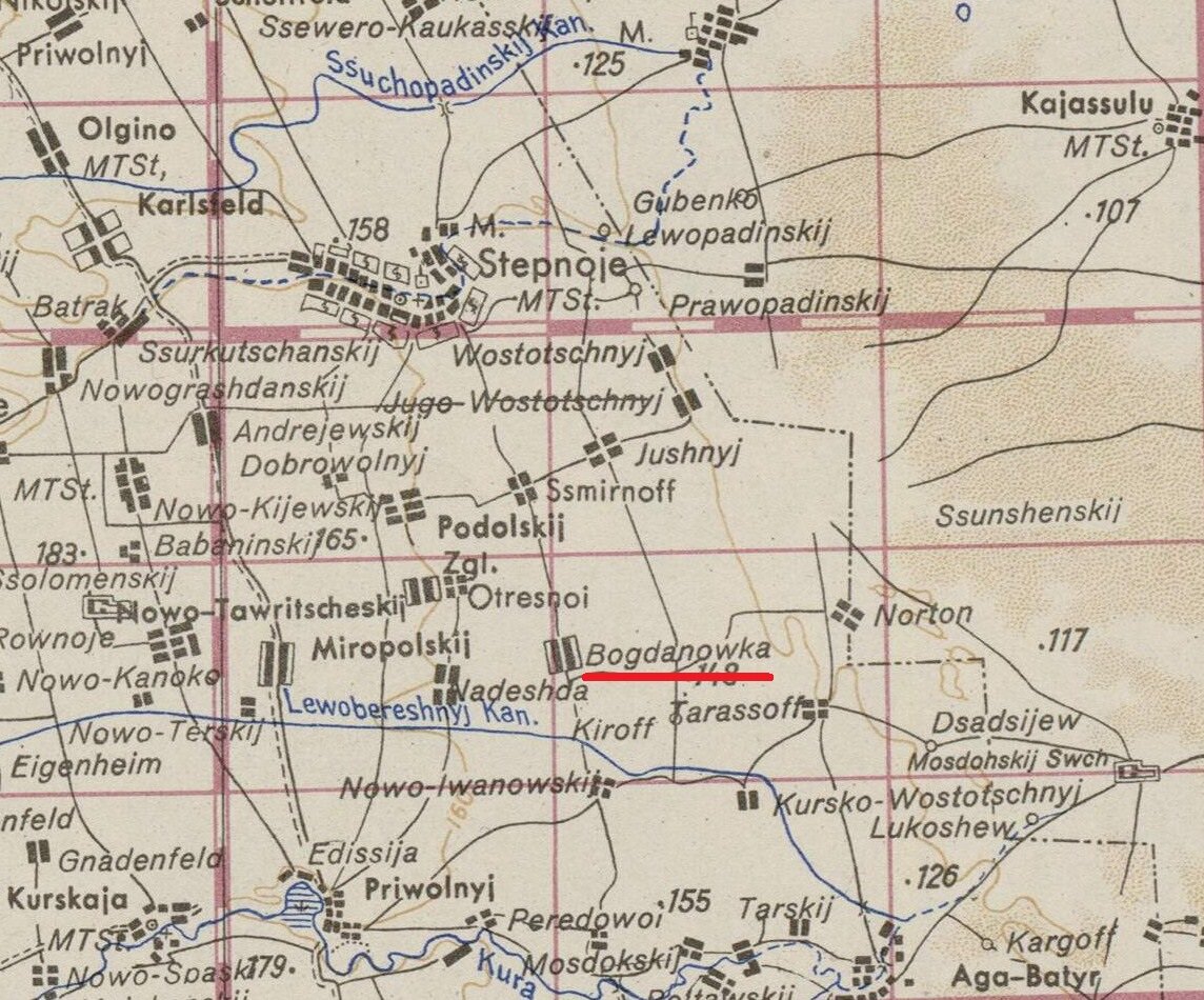 Фрагмент немецкой топографической карты "Пятигорск". Хутор Богдановка подчеркнут красной линией