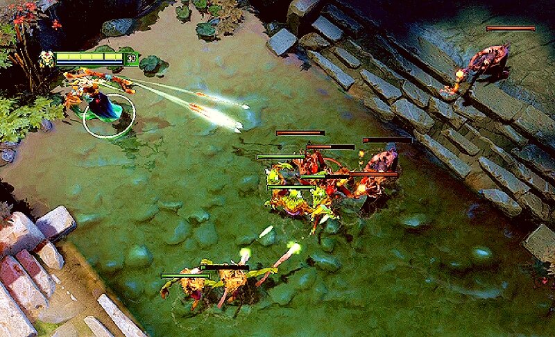 Medusa атакует группу вражеских Крипов при помощи Split Shot.