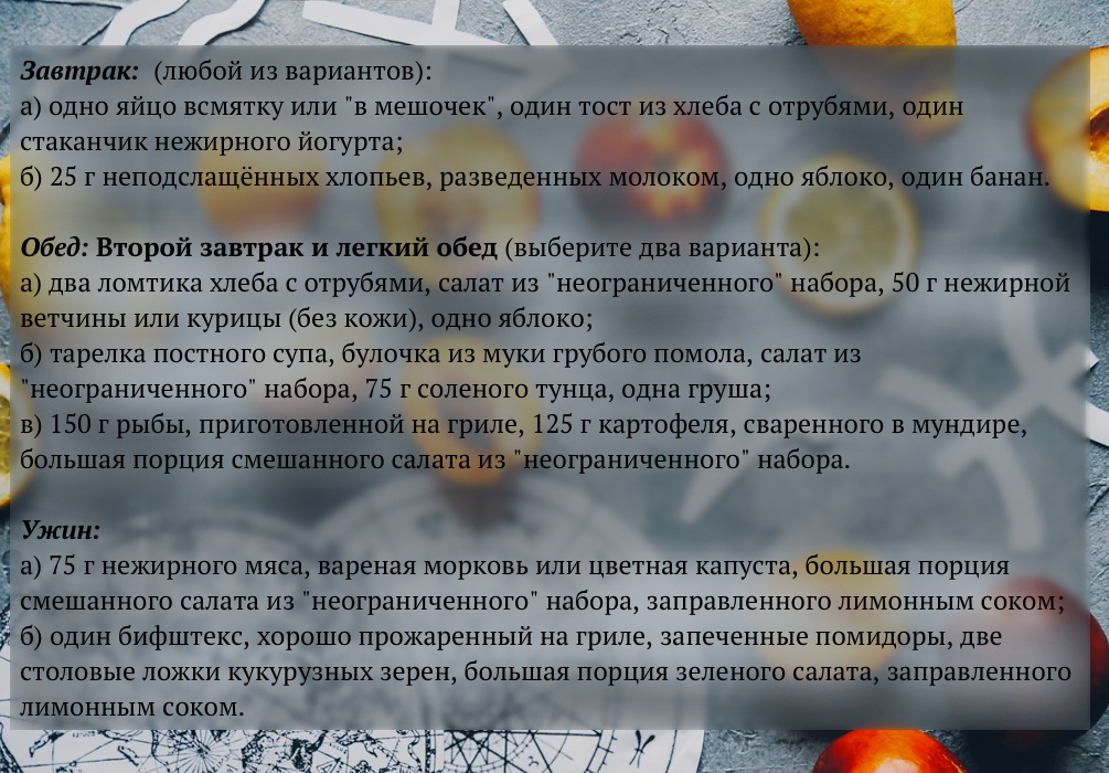 Примерная диета для Овна на день.