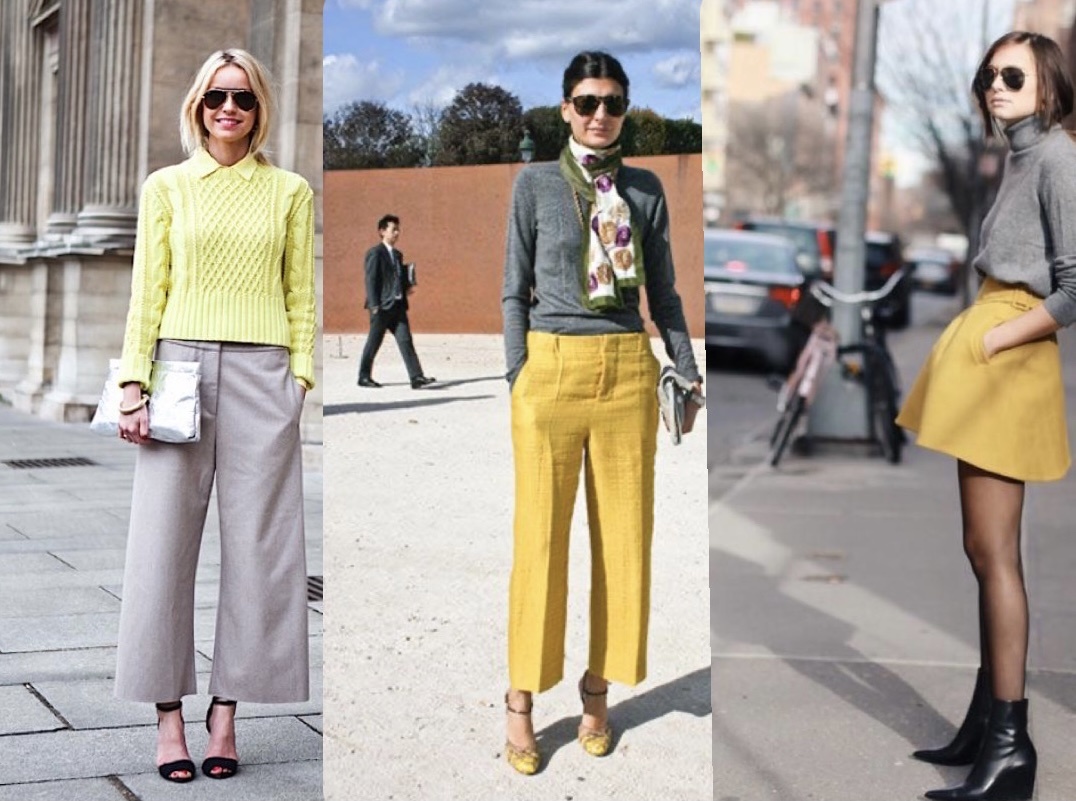 Самый простой и рабочий способ использовать тенденцию. От себя добавлю: лучше выбирать желтый низ и серый верх, такие образы будут смотреться более необычно и нестандартно.