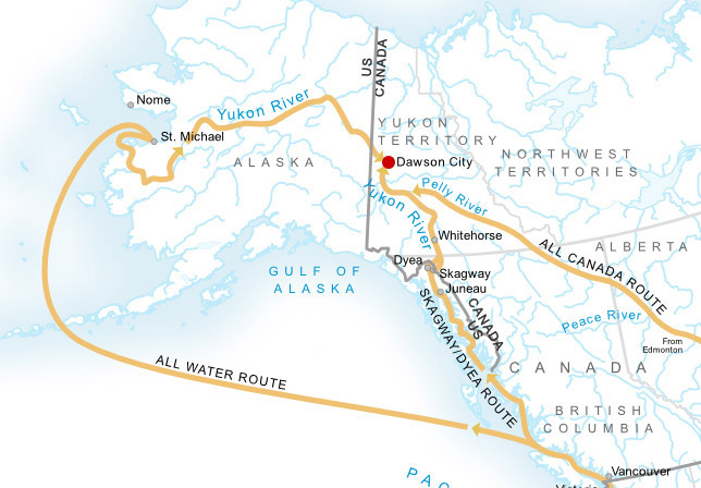Маршруты золотоискателей, принявших участие в золотой лихорадке на Аляске