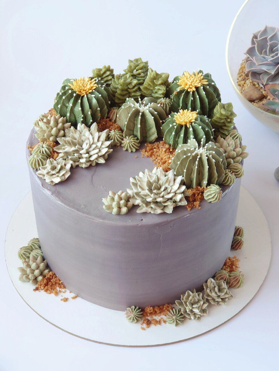 Торт с кактусами из белково-масляного крема