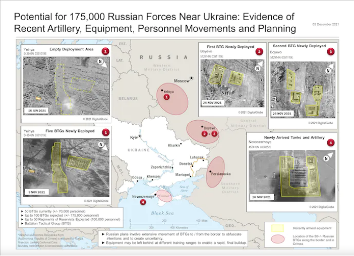 Карта и спутниковые снимки, опубликованные The Washington Post. Название статьи: "Разведка США предупреждает, что Россия планирует массированное военное наступление на Украину с участием 175 000 военнослужащих"