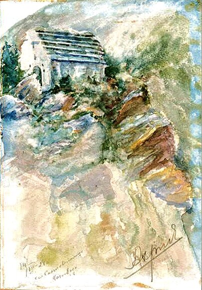 Худ. Ахриев Хаджи-Бекр Бачиевич «Святилище Маги-Ерды близ с. Салги», Ингушетия, 1928, бумага, акварель 25×17