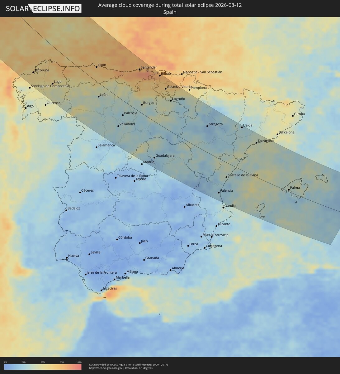 Карта видимости явления в Испании и Португалии и погодная статистика, синее фон - яснее небо, Solar-eclipse info