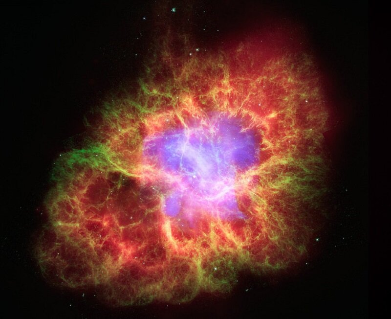 Крабовидная туманность, образовавшаяся в результате вспышки сверхновой. Она состоит из материи, составлявшей оболочку взорвавшейся звезды.