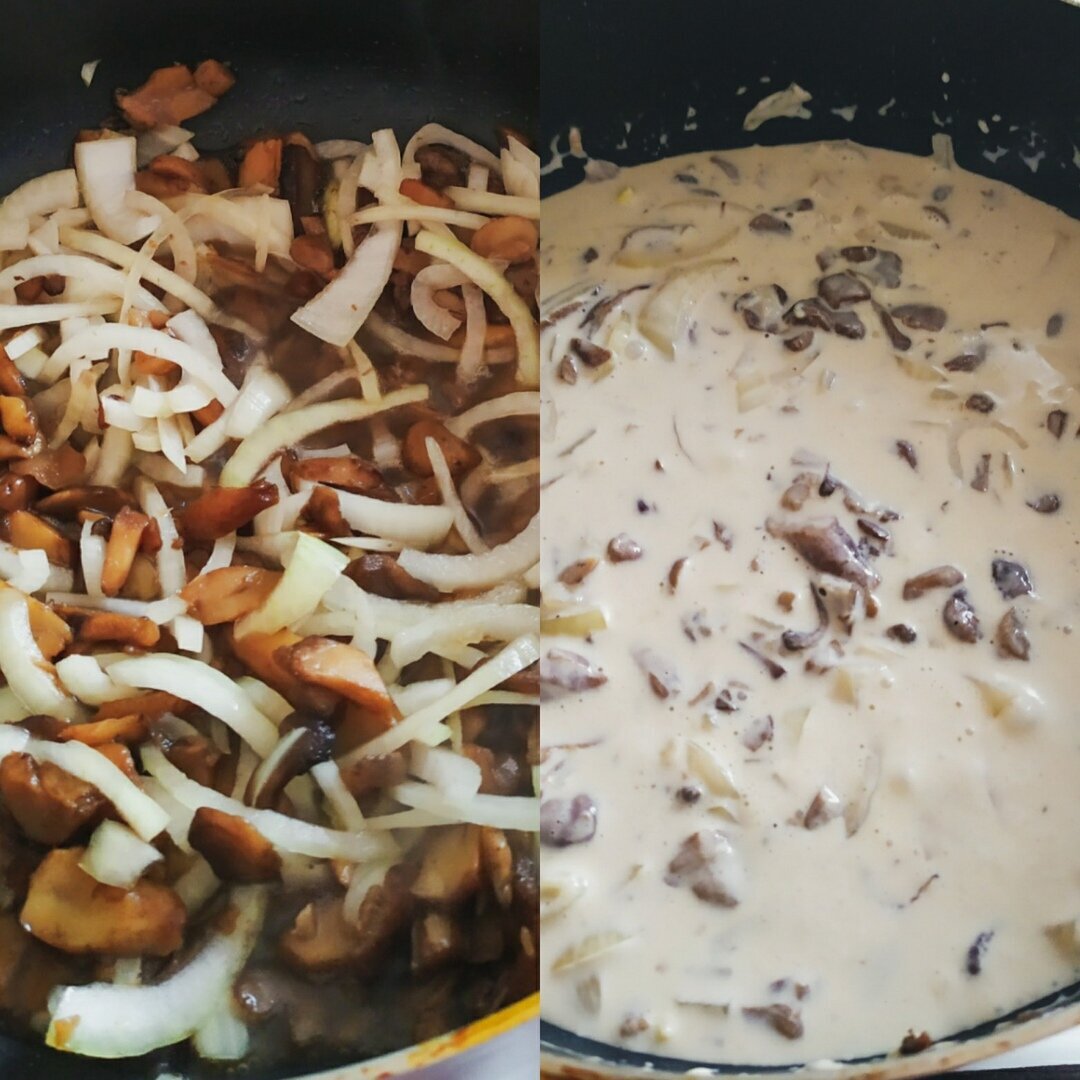 Обжариваем грибы и лук, добавляем сыр, воду и перемешиваем