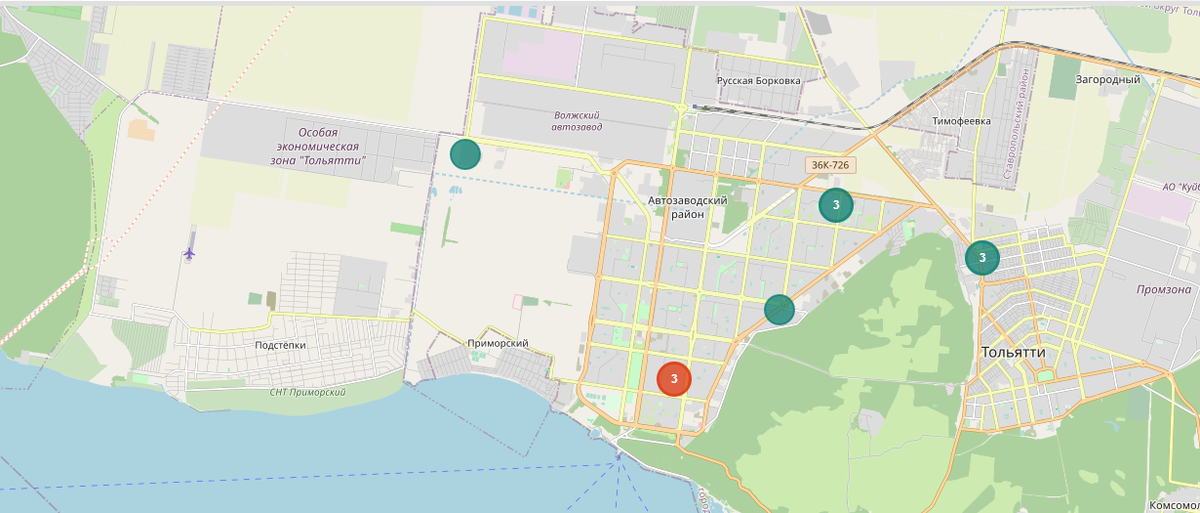Места расположения 11 датчиков в Тольятти