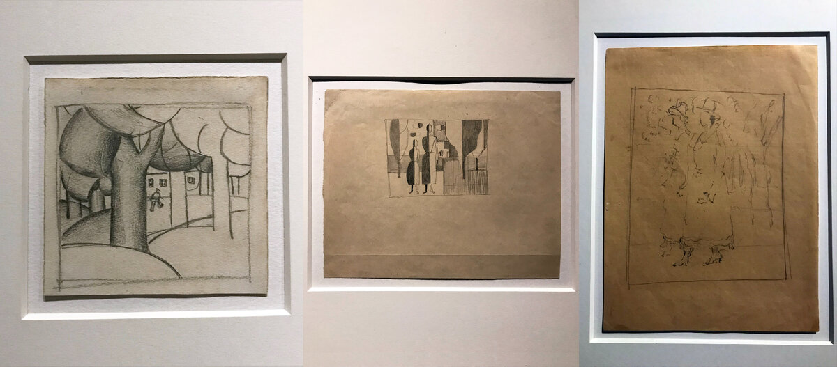 Из собрания SEPHEROT Foundation, Швейцария. 1) Малевич К.С. "Зимний пейзаж" начало 1910-х. Бумага, карандаш. 2) Малевич К.С. "Две женские фигуры на фоне пейзажа" 1928-1930. Бумага, карандаш. 3) Малевич К.С. "Две сестры в парке" 1930. Бумага, карандаш. 