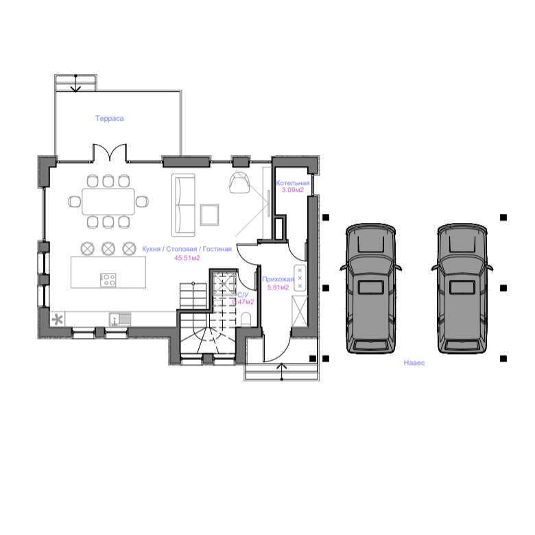 Пример планировки дома 120м² – первый этаж