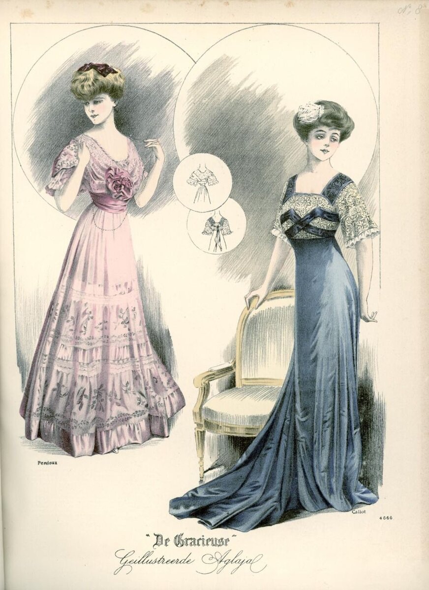 Картинка из журнала "Де Грасиоз". Изменение силуэта платья в конце1908 года.