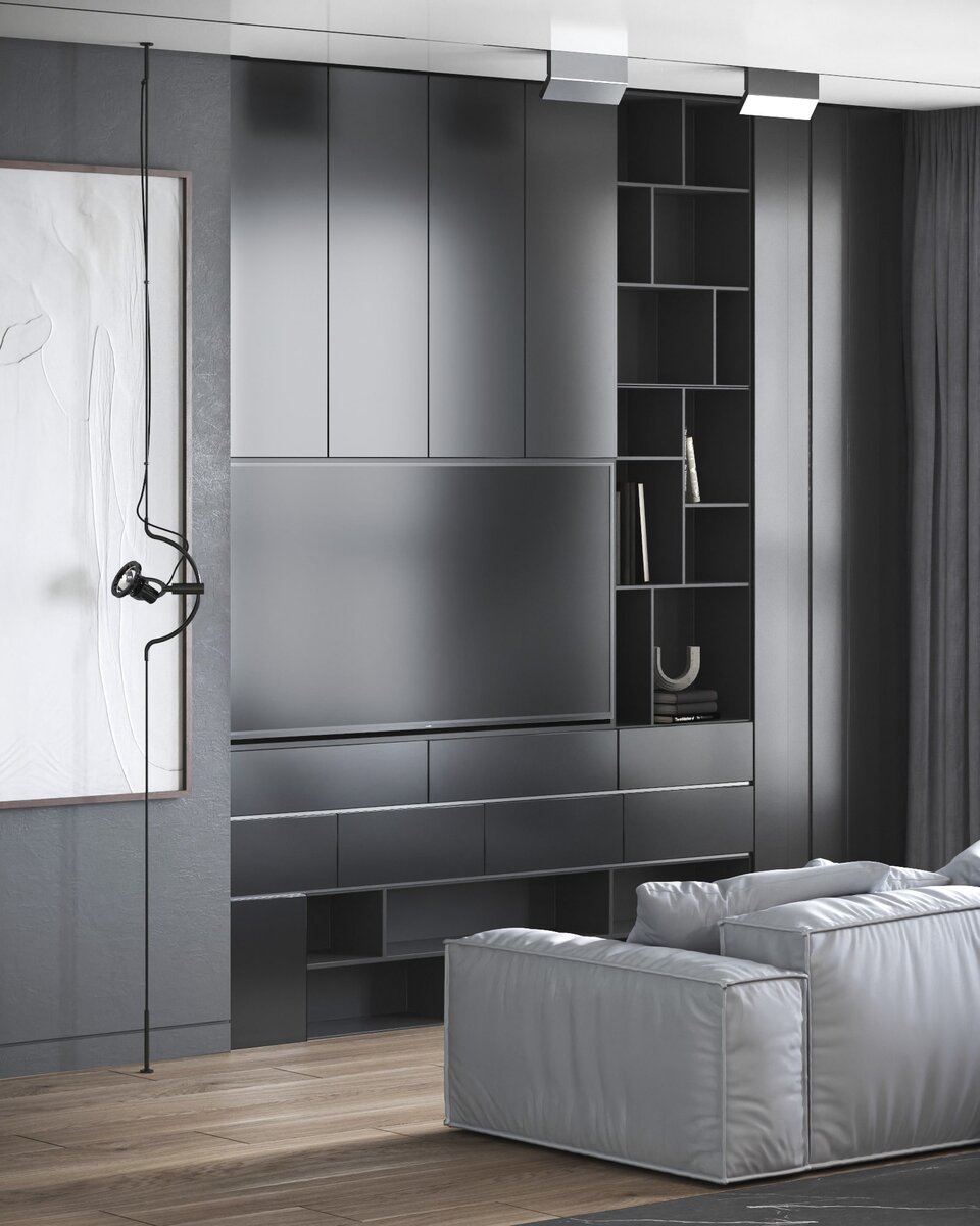 Гостиная со встроенной системой хранения, аудио и видео оборудованием. 