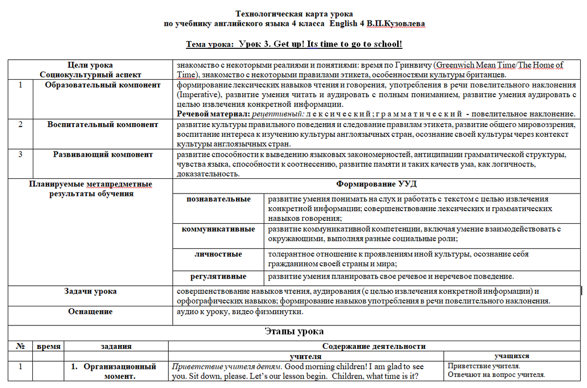 Технологическая карта урока 4 класса English 4 В.П.Кузовлева Тема урока: Урок  3. Get up! Its time to go to school! | Сельский учитель | Дзен