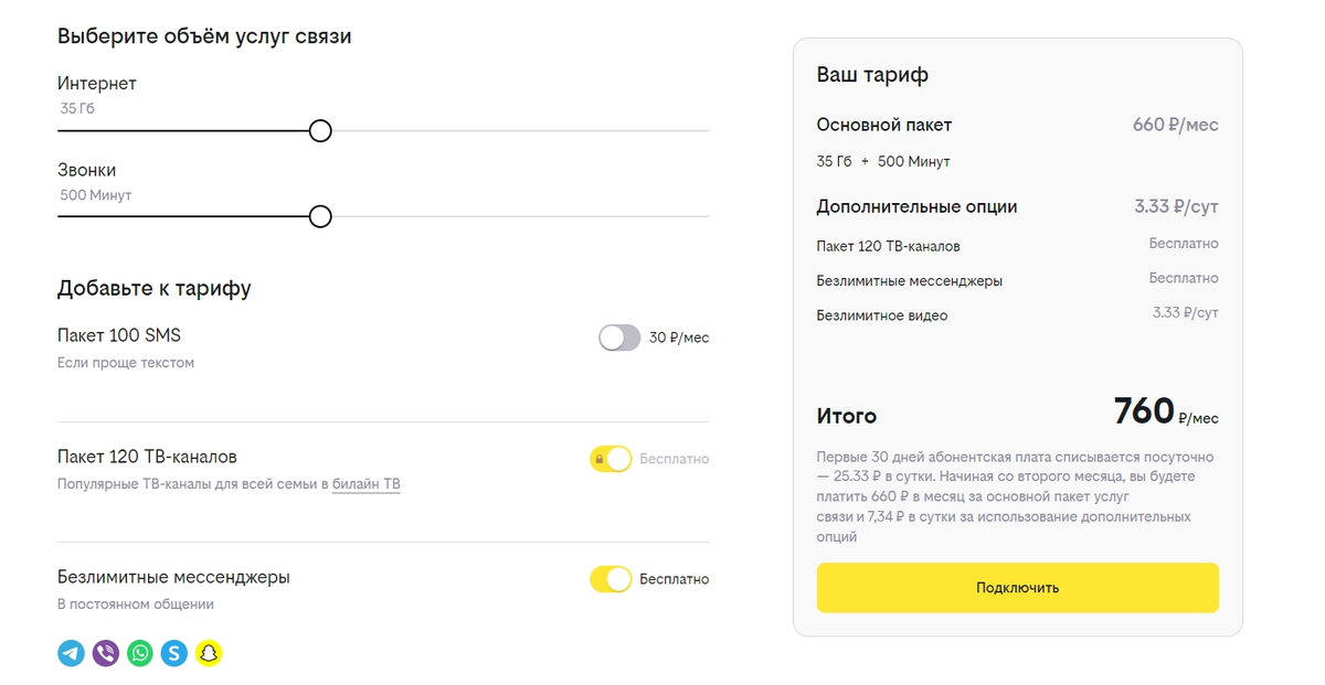 Теперь я плачу 760 рублей в месяц пакет из 35 ГБ интернета и 500 минут разговоров, плюс за опцию «Безлимитное видео». Мне этого хватает