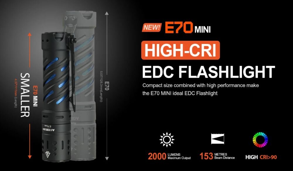 Как по мне Acebeam стоит где то рядом с гигантами рынка в виде феникса/олайта/найткора, но при этом все же чаще себе позволяет экспериментировать со светодиодами и материалами, являя миру достаточно самобытные да интересные массовые фонарики с высокими стандартами качества. У Acebeam E70 Mini есть собрат постарше и без приставки мини, его еще выпускали в разных материалах корпуса. А тут появилась мини версия с хай кри светом и под 18650. 