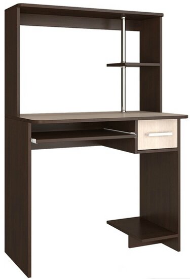 Размеры: ширина - 83,5 см, глубина - 50 см, высота - 132 см. 
Цвет: венге/лоредо (как на картинке).

Материал: ЛДСП.

Технические характеристики:
Стол оснащен выдвижным ящиком, полкой для принтера и полкой для системного блока.
Под столешницей - выдвижная полка для клавиатуры.

Вес: 27,2 кг.

Объём: 0,045 м3.

Уход за мебелью: не требует специального ухода.

Гарантийный срок: 1 год.

Производство: Россия.