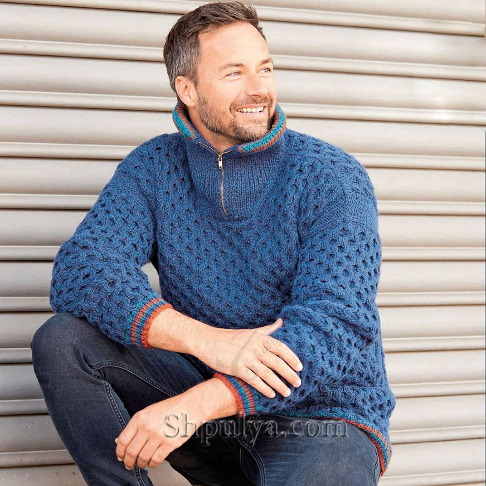 Синий мужской пуловер с узором из сот