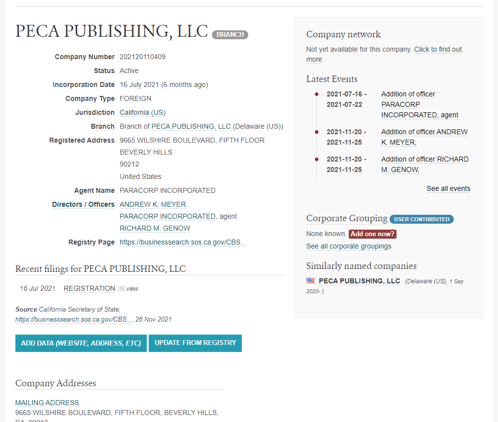 Основание филиала 16 июля 2021 года в Калифорнии по адресу Ричарда Дженоу. 
В связке директоров уже известное нам трио: Дженоу-Мейер-Паракорп