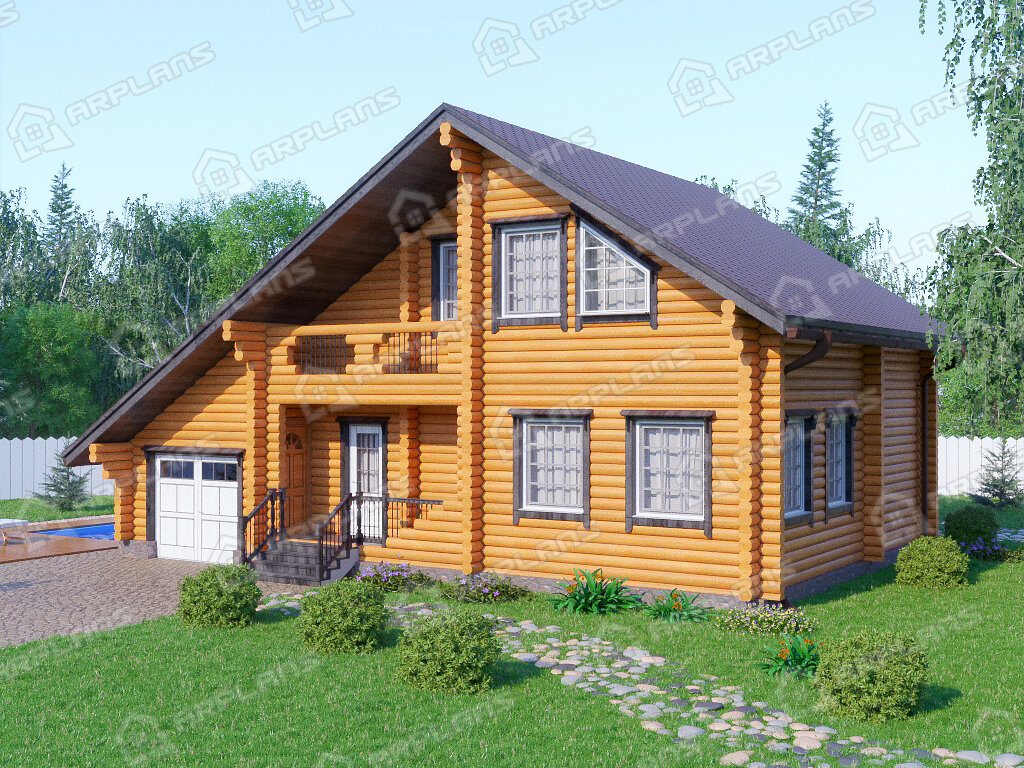 Фото 1 деревянного двухэтажного дома из бревна с мансардой, 3 спальнями, кабинетом, балконом, гаражом и террасой. Общая площадь 160 кв м. Источник arplans.ru Проект ДО-086