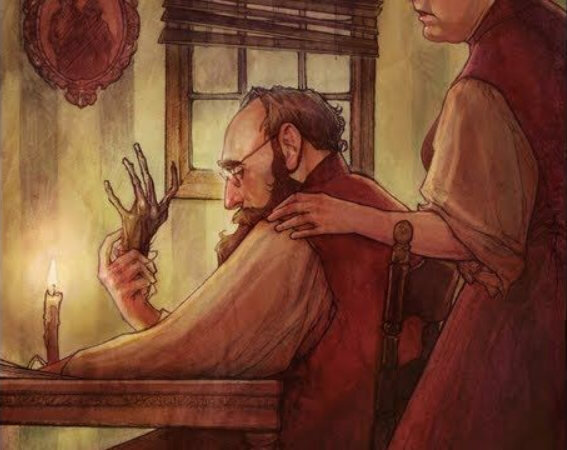 Рассказчик держит ту самую высушенную лапу.