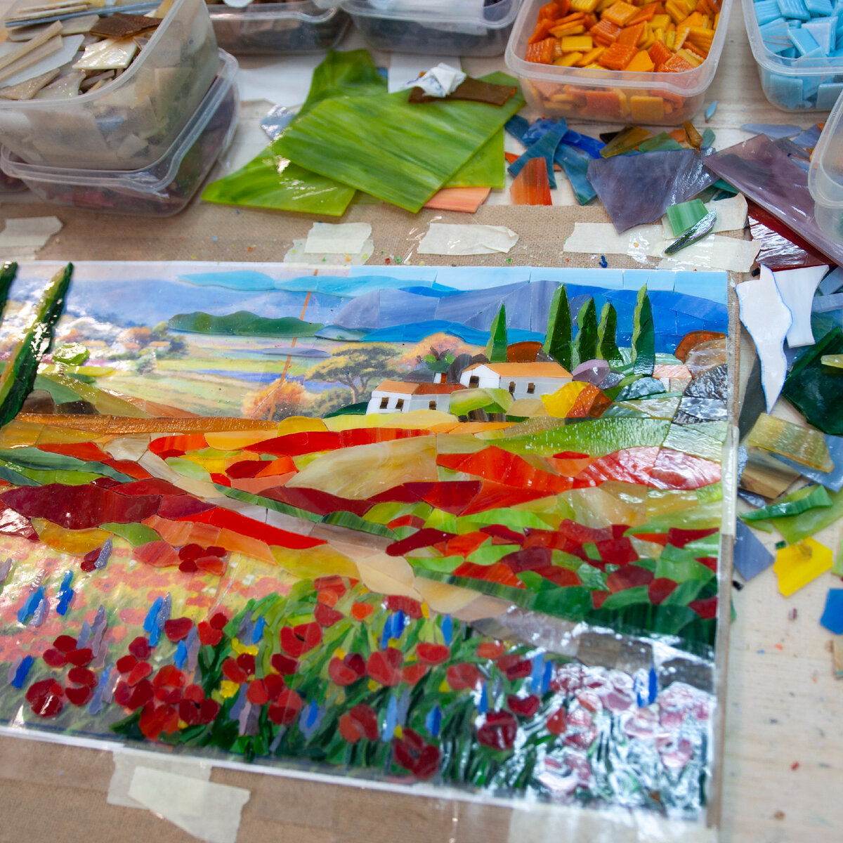 современная мозаика, витражное стекло, итальянский пейзаж