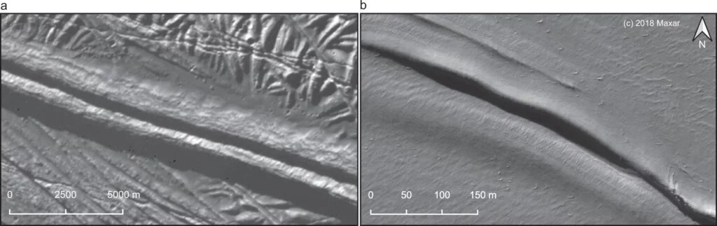    Слева — панхроматический снимок двойной гряды на Европе (Галилео, PIA00589). Справа — ортотрансформированный панхроматический снимок двойной гряды в Гренландии (спутник WorldView-3, июль 2018). / ©Riley Culberg et al., Nature Communications