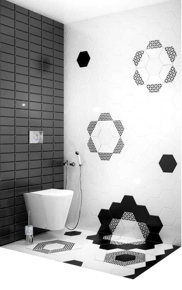 Дизайн-проект туалета с маленькой площадью в черно-белом исполнении с переходом