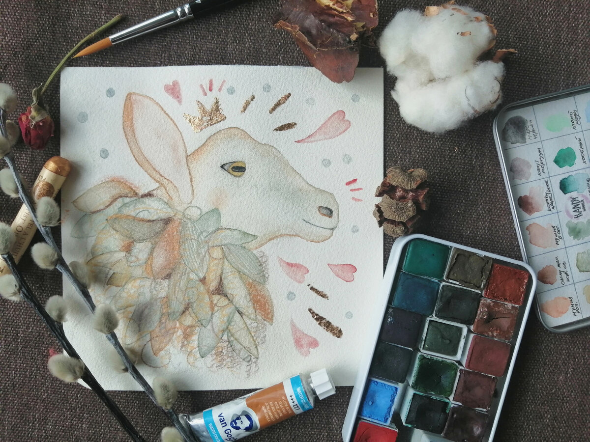 Акварель handy, карандаши derwent, масляная пастель sennelier, поталь. Бумага 100% хлопок, 300 г.