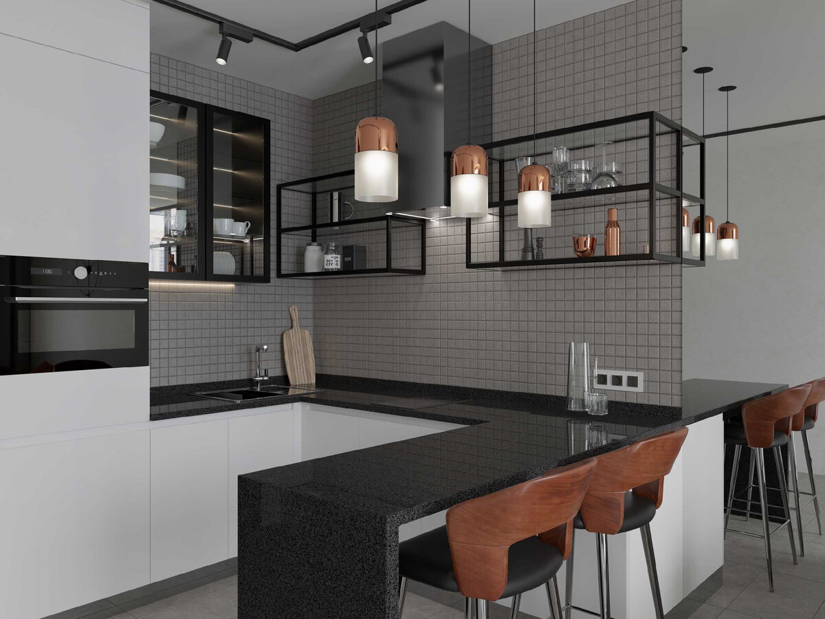 Фото: Estima. Фартук выполнен из керамогранитной мозаики 5х5, коллекция Melody 03