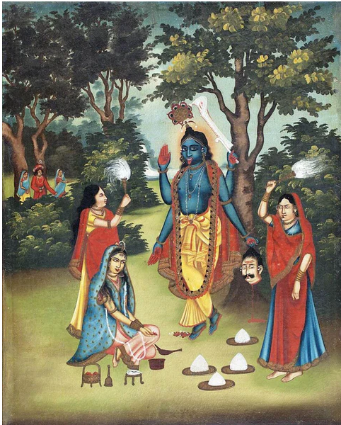 Кришна в Образе Кали, которой поклоняется Радха. В некоторых текстах тантрической традиции кришнаитский аватар Вишну часто отождествляется с Кали. Кришна обращается в Кали, чтобы защитить Радху от ее мужа во время встречи с Кришной в лесу. Фото: www.tallengestore.com