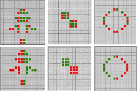 Случайный засев цвета в геометрию фигур медная голова, восьмерка, пентадекатлон (верхний ряд рис.),  и стабилизация цвета (нижний ряд) после цикла преобразований