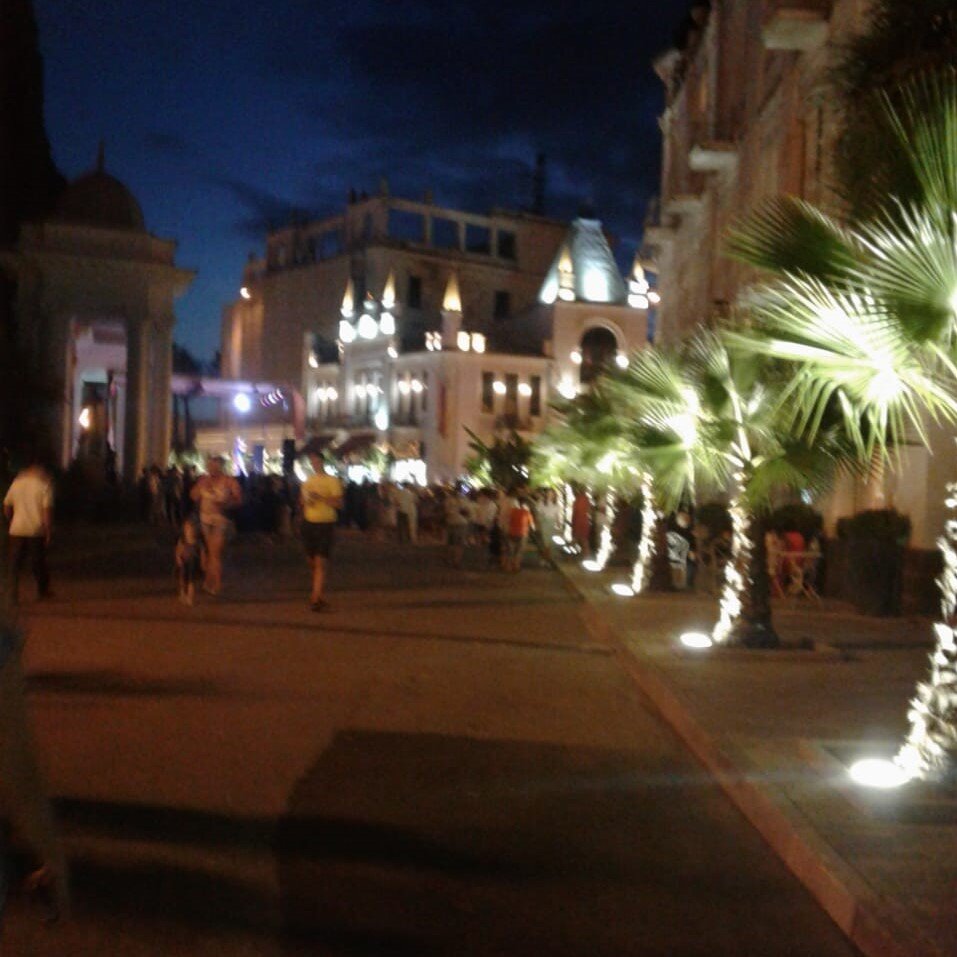 Пальмы красиво украшены гирляндами.