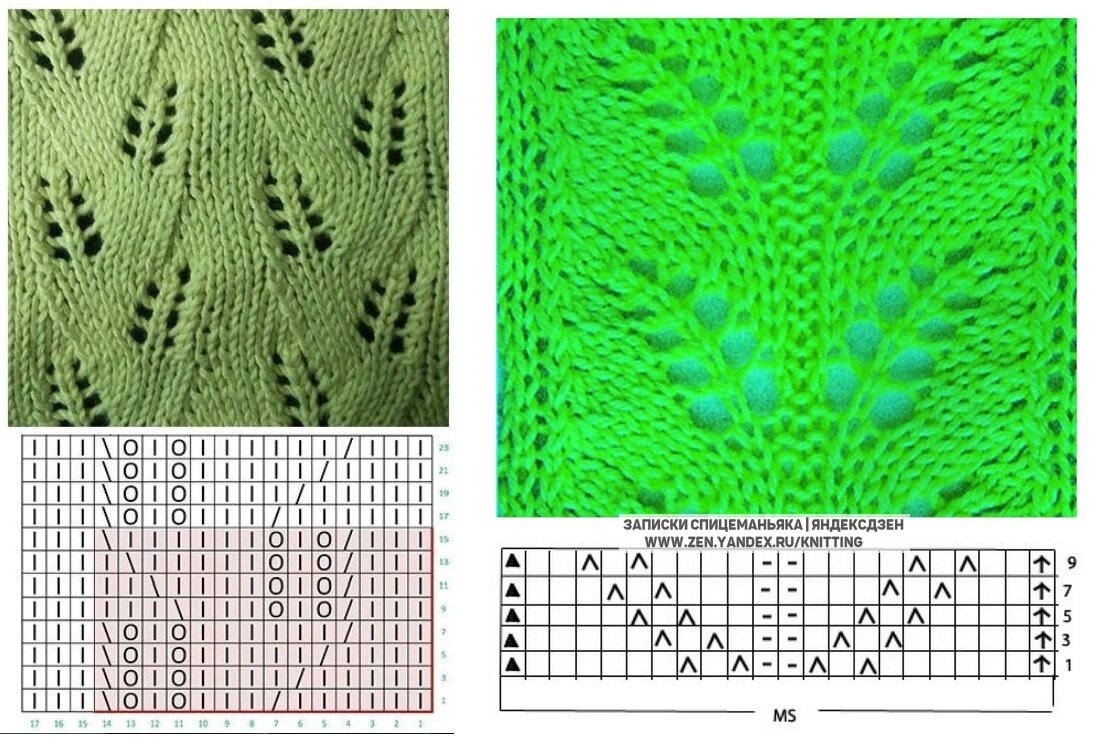 Узоры из листьев спицами со схемами простые и красивые