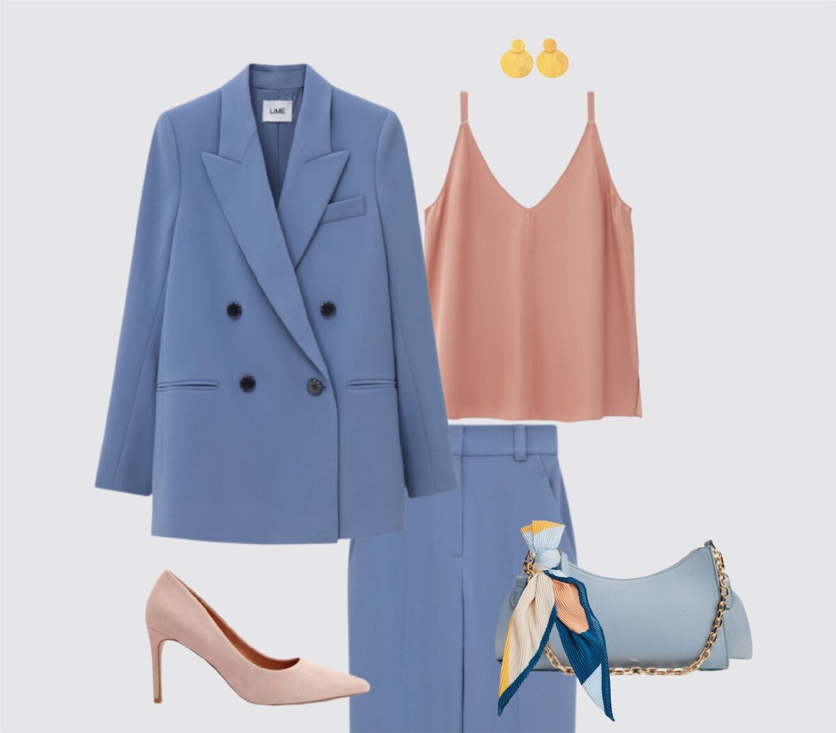 Пример образа: блейзер Lime 5999 руб., брюки Lime 3299 руб., топ Lime 1599 руб., туфли Reserved 3999 руб., сумка Mango 2499 руб., платок Mango 1299 руб., серьги Алиэкспресс.