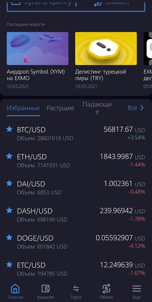 Скриншот на платформе EXMO.