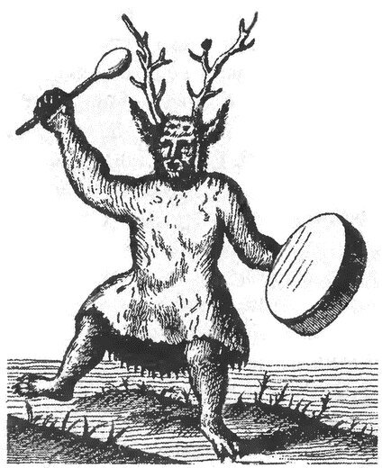 Тунгусский шаман с оленьими рогами на голове . Копия с рисунка Витзена (1705 год). Источник: history.wikireading.ru