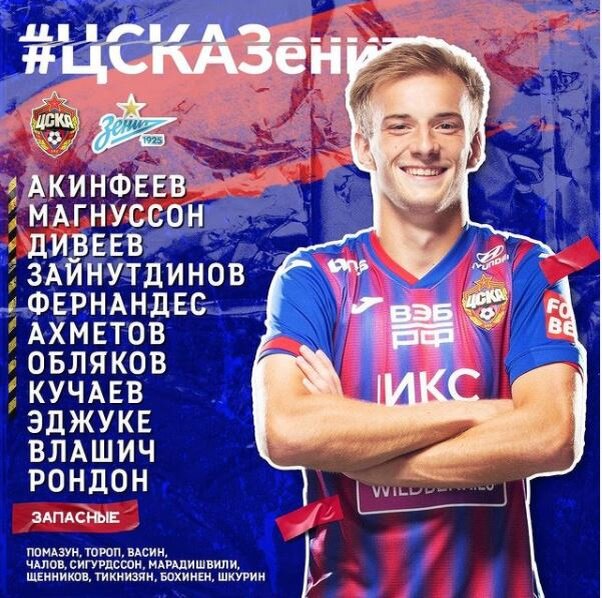 Стартовый состав на матч ЦСКА-Зенит