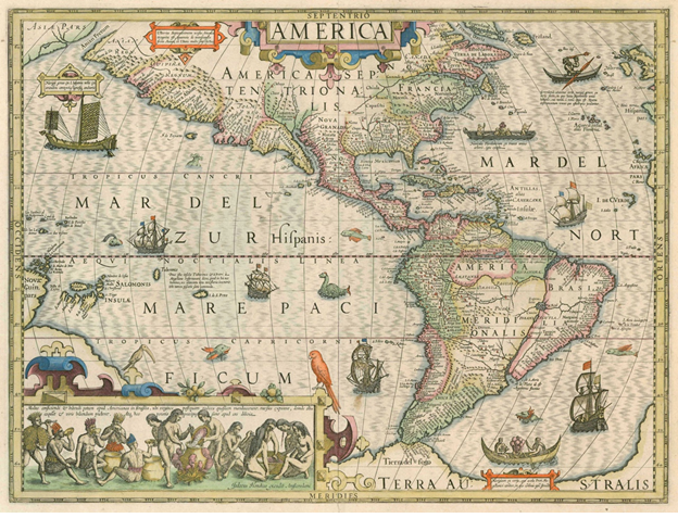 Карта Америки. 1606 год. Автор — Йодокус Хондиус или Йоссе де Хондт — фламандский картограф и издатель атласов и карт.