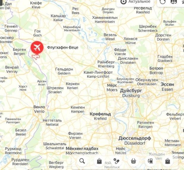 Аэропорт Веце на карте Германии. До Дюссельдорфа около 90 километров. Яндекс.карты