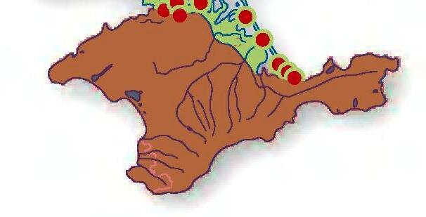 Красным цветом заштрихована большая часть Крыма - место обитания желтобрюхого полоза