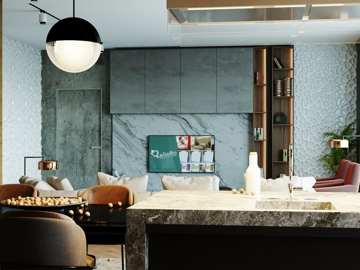 Гостинная с применением стеновых панелей от Relieffo