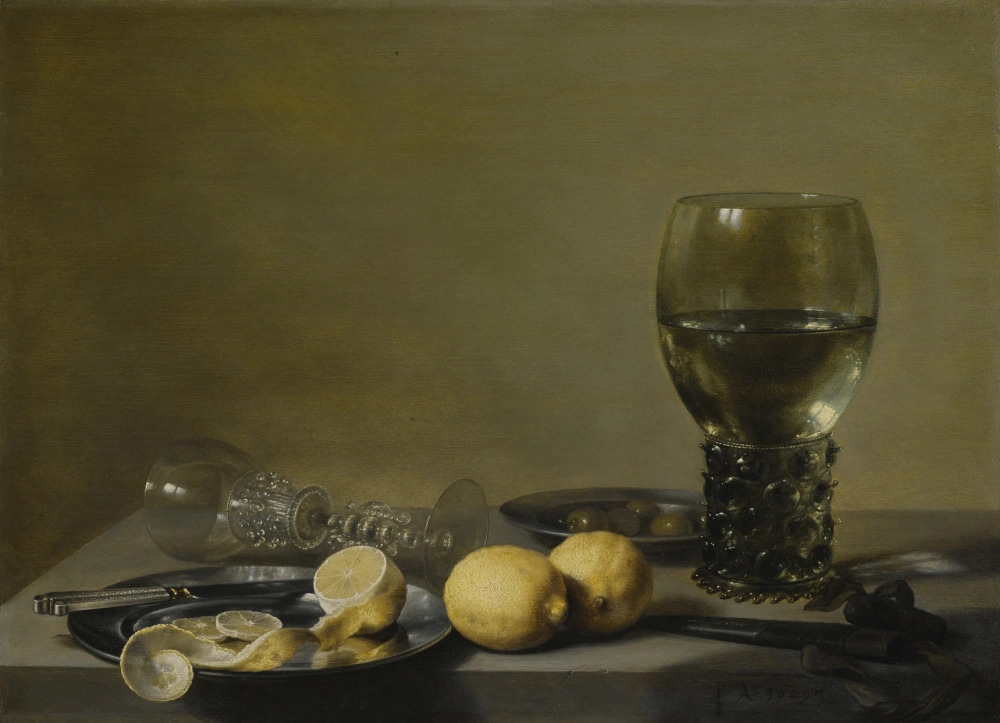  «Натюрморт с лимонами, оливками, рёмером и стеклянным бокалом», 1629