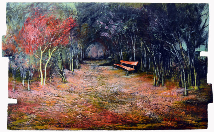 Нодар Хохобашвили, «Осенняя аллея» ,2012, дерево, масло, смешанная техника, 47х76.. Коллекция BIS ART GALLERY